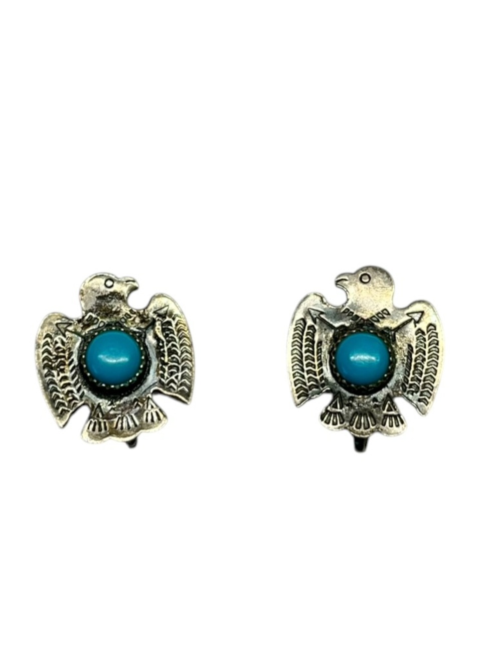Vintage Native American Turquoise Thunderbird Sterling Silver Screw Earrings